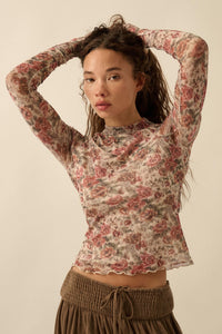 Bed of Roses Floral Mesh Mock-Neck Thumbhole Top - ShopPromesa