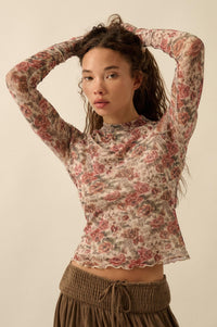 Bed of Roses Floral Mesh Mock-Neck Thumbhole Top - ShopPromesa