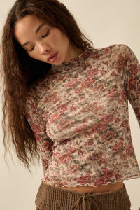 Bed of Roses Floral Mesh Mock-Neck Thumbhole Top - ShopPromesa