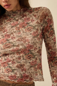 Bed of Roses Floral Mesh Mock-Neck Thumbhole Top - ShopPromesa