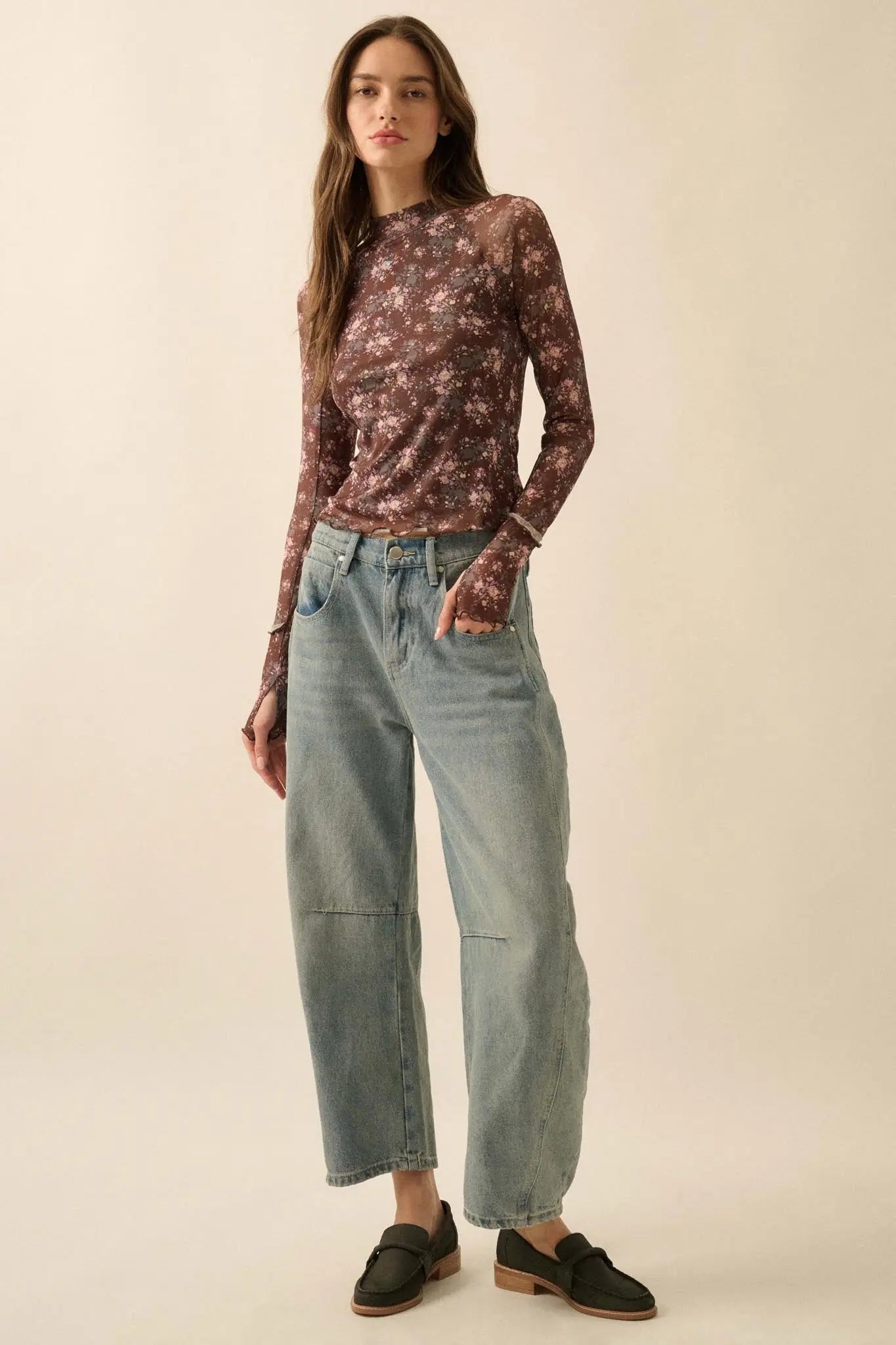 Full Flower Floral Mesh Mock-Neck Thumbhole Top - ShopPromesa