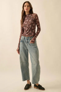 Full Flower Floral Mesh Mock-Neck Thumbhole Top - ShopPromesa