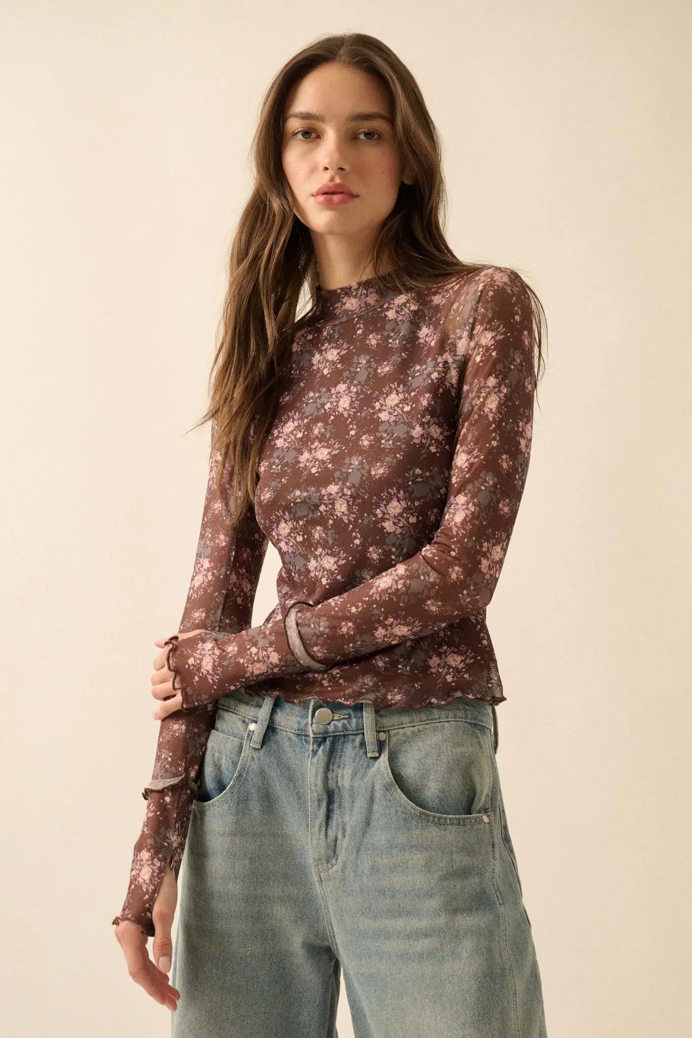 Full Flower Floral Mesh Mock-Neck Thumbhole Top - ShopPromesa