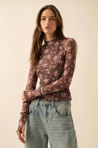 Full Flower Floral Mesh Mock-Neck Thumbhole Top - ShopPromesa