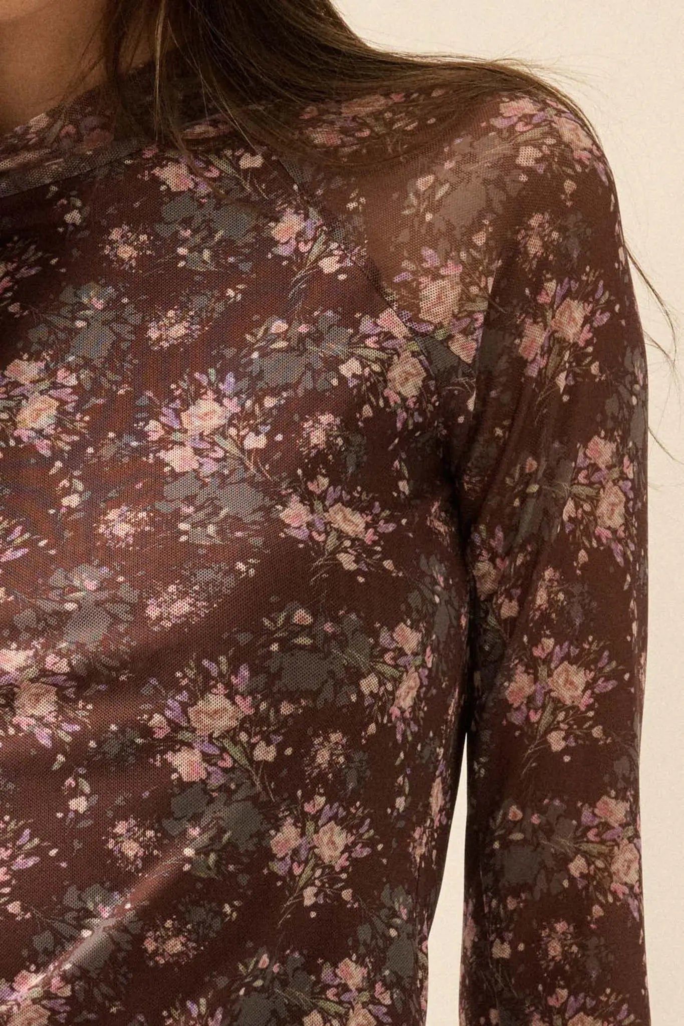 Full Flower Floral Mesh Mock-Neck Thumbhole Top - ShopPromesa