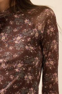 Full Flower Floral Mesh Mock-Neck Thumbhole Top - ShopPromesa