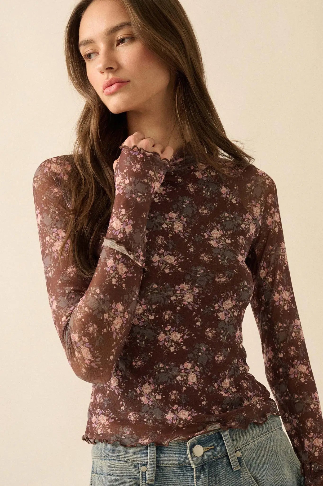 Full Flower Floral Mesh Mock-Neck Thumbhole Top - ShopPromesa