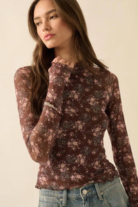 Full Flower Floral Mesh Mock-Neck Thumbhole Top - ShopPromesa