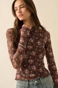 Full Flower Floral Mesh Mock-Neck Thumbhole Top - ShopPromesa