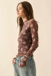 Full Flower Floral Mesh Mock-Neck Thumbhole Top - ShopPromesa