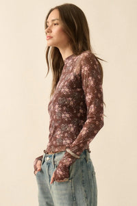 Full Flower Floral Mesh Mock-Neck Thumbhole Top - ShopPromesa