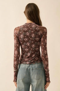 Full Flower Floral Mesh Mock-Neck Thumbhole Top - ShopPromesa