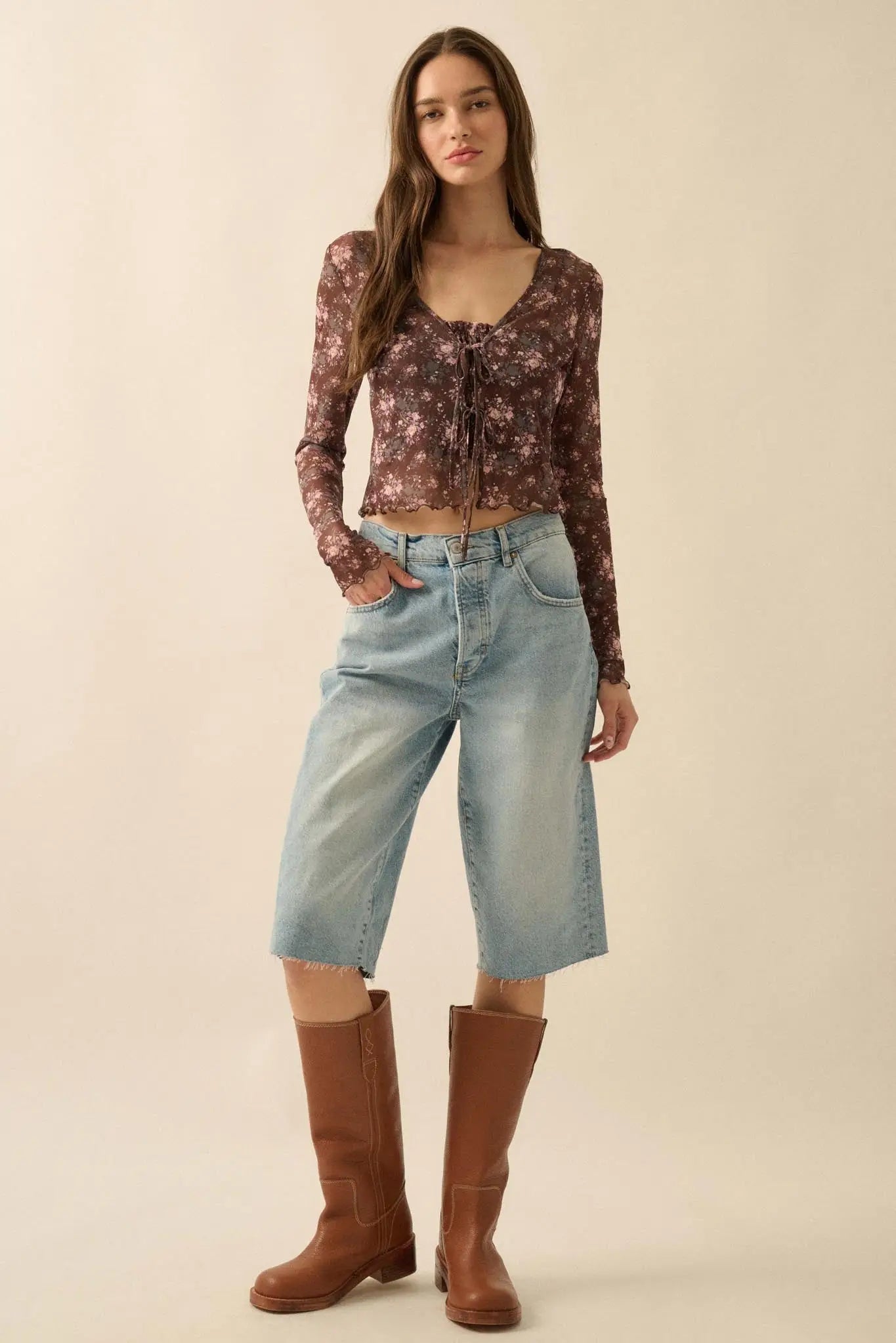 Flowering Free Floral Mesh Layered Tie-Front Top - ShopPromesa