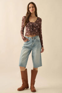 Flowering Free Floral Mesh Layered Tie-Front Top - ShopPromesa