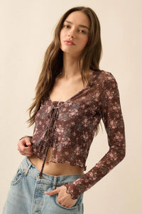Flowering Free Floral Mesh Layered Tie-Front Top - ShopPromesa