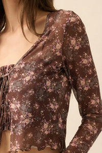 Flowering Free Floral Mesh Layered Tie-Front Top - ShopPromesa
