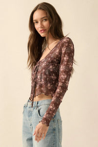 Flowering Free Floral Mesh Layered Tie-Front Top - ShopPromesa