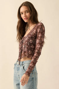 Flowering Free Floral Mesh Layered Tie-Front Top - ShopPromesa