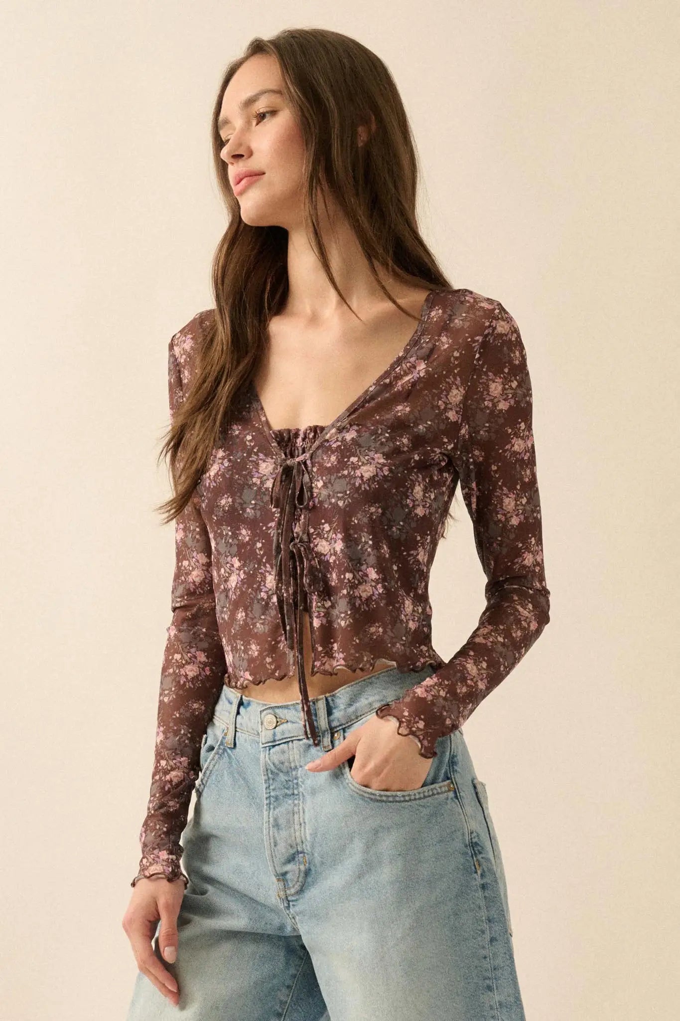 Flowering Free Floral Mesh Layered Tie-Front Top - ShopPromesa