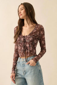 Flowering Free Floral Mesh Layered Tie-Front Top - ShopPromesa