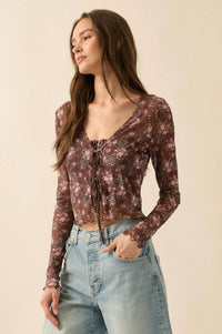 Flowering Free Floral Mesh Layered Tie-Front Top - ShopPromesa