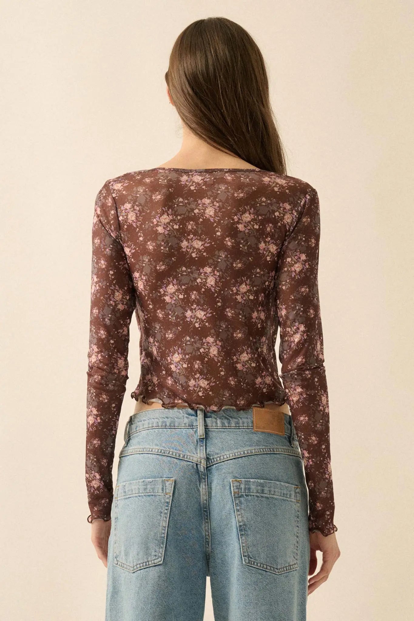 Flowering Free Floral Mesh Layered Tie-Front Top - ShopPromesa
