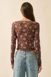 Flowering Free Floral Mesh Layered Tie-Front Top - ShopPromesa