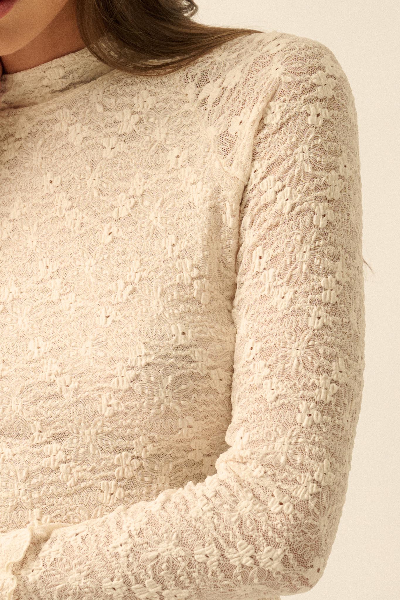 Sweetest Thing Floral Lace Mock-Neck Thumbhole Top - ShopPromesa