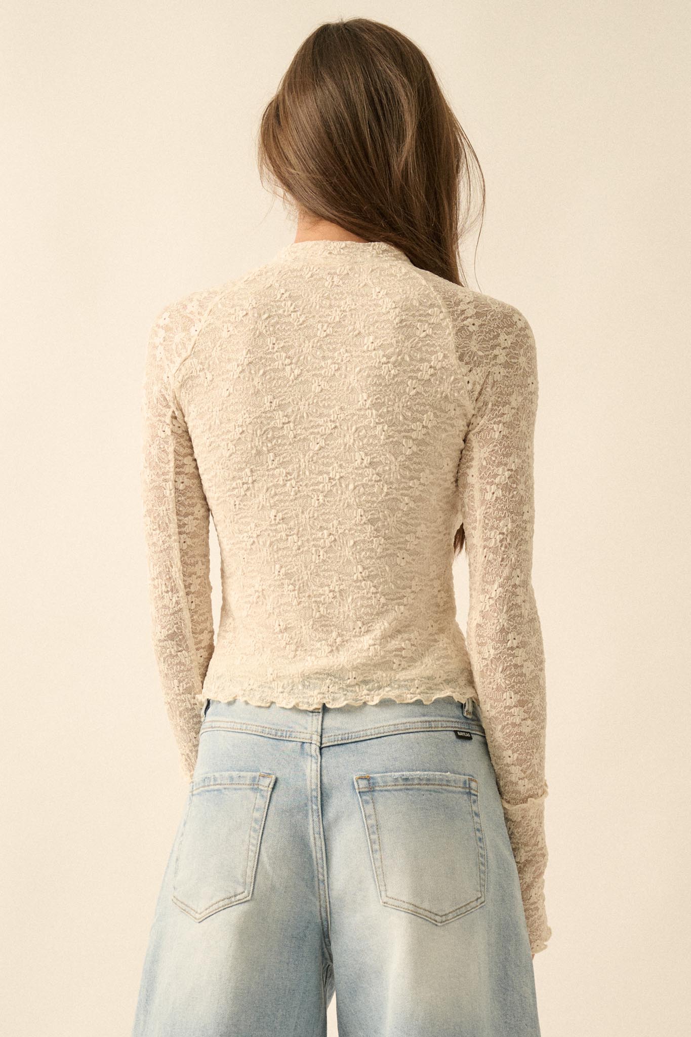 Sweetest Thing Floral Lace Mock-Neck Thumbhole Top - ShopPromesa