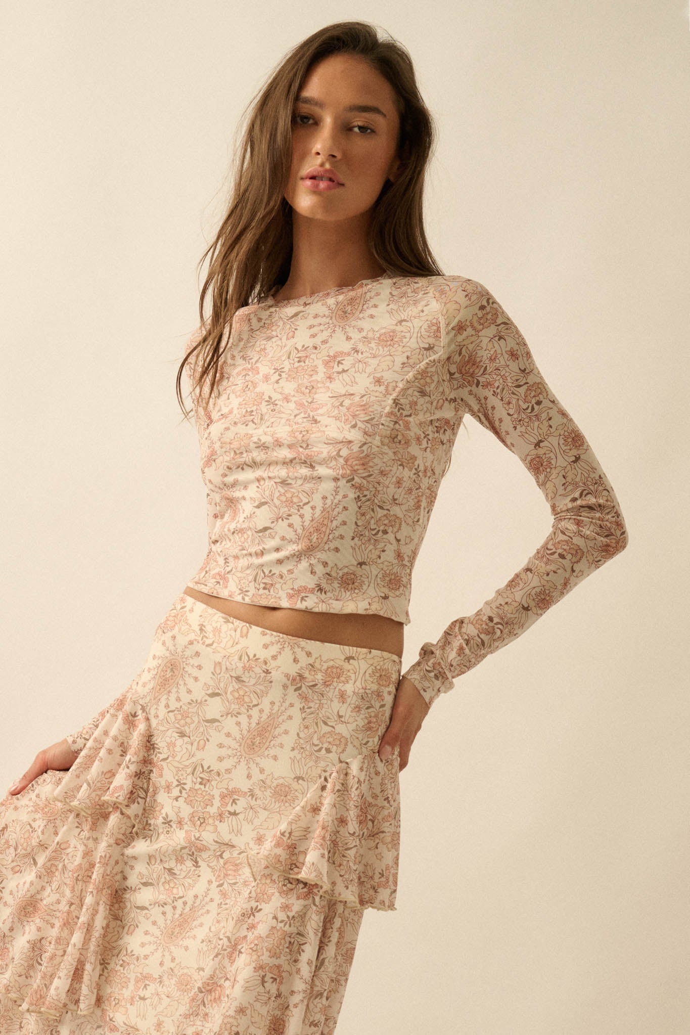 Fanciful Feeling Paisley Mesh Long-Sleeve Top - ShopPromesa