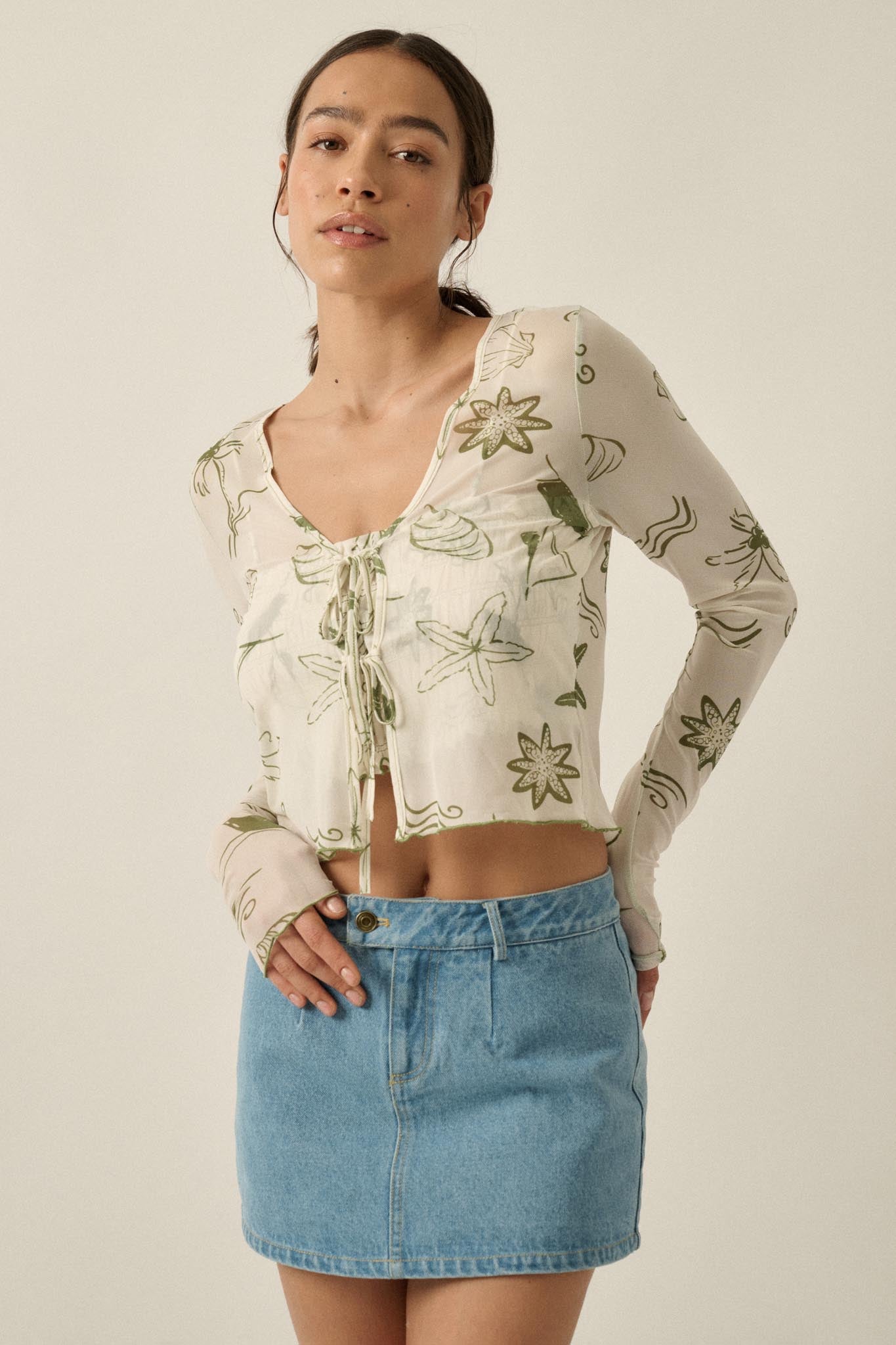 Wait and Sea Nautical Mesh Mock-Neck Thumbhole Top - ShopPromesa