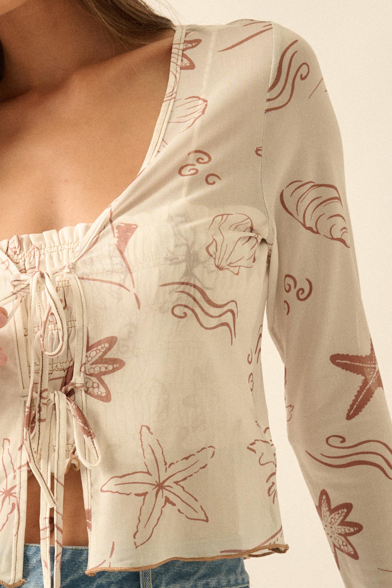 Wait and Sea Nautical Mesh Mock-Neck Thumbhole Top - ShopPromesa