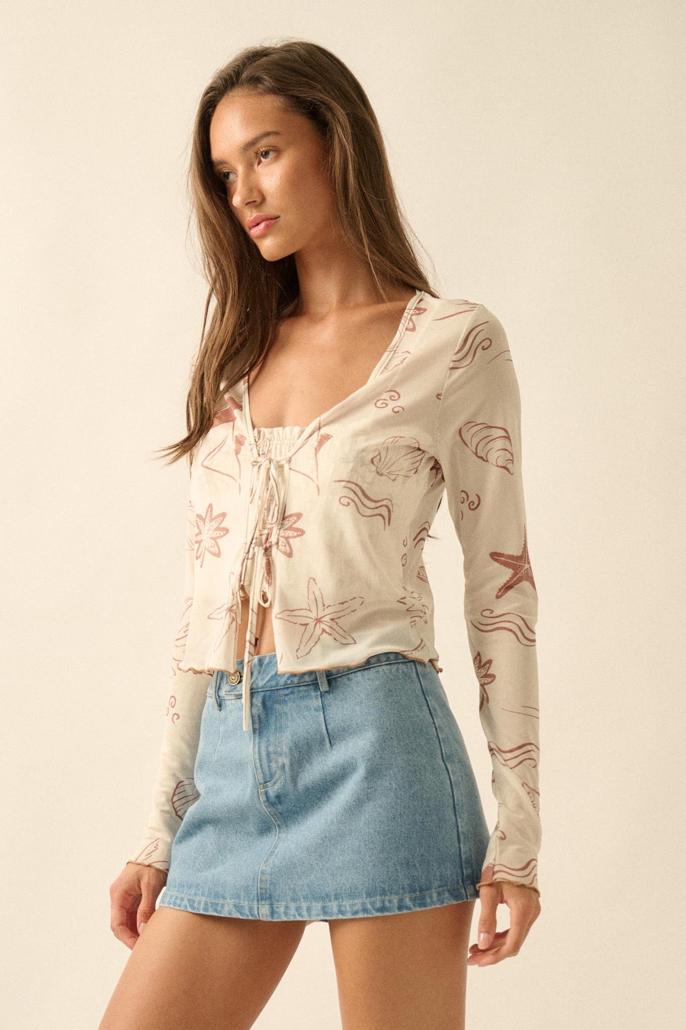 Wait and Sea Nautical Mesh Mock-Neck Thumbhole Top - ShopPromesa