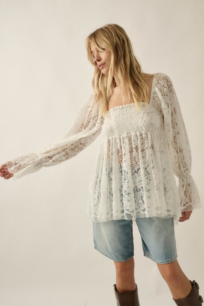 Baby Cakes Smocked Lace Square-Neck Babydoll Top - ShopPromesa