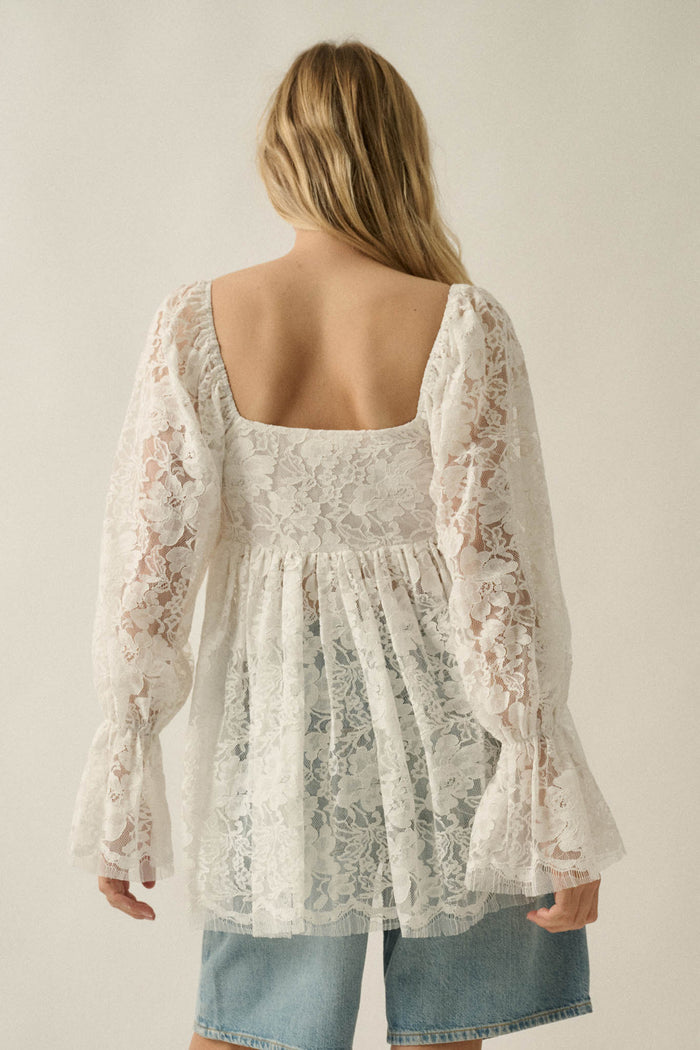 Baby Cakes Smocked Lace Square-Neck Babydoll Top - ShopPromesa