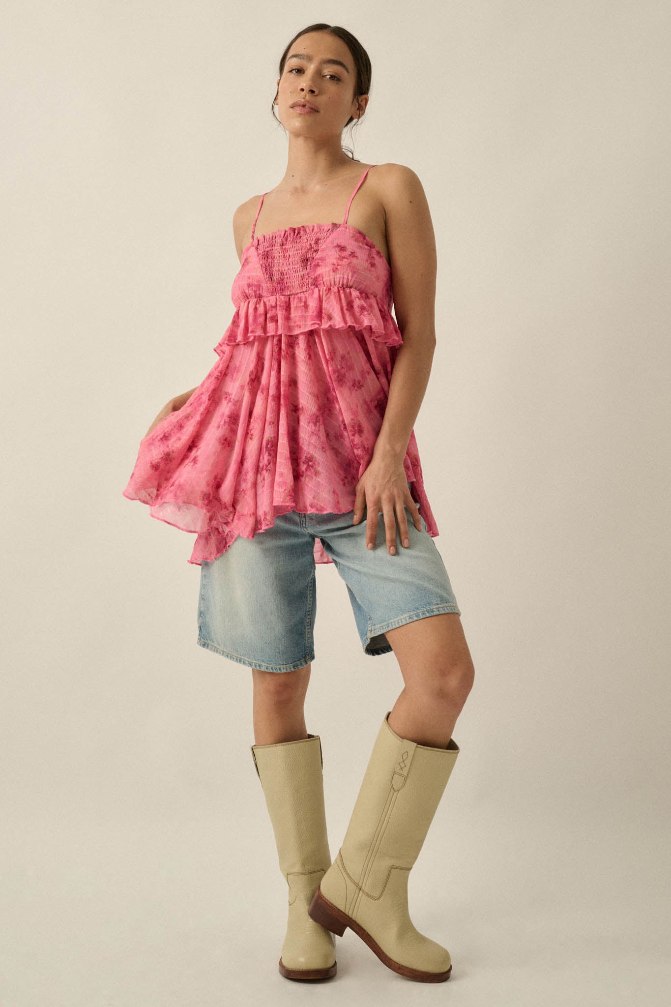 Full Bloom Striped Floral Chiffon Babydoll Cami Top - ShopPromesa