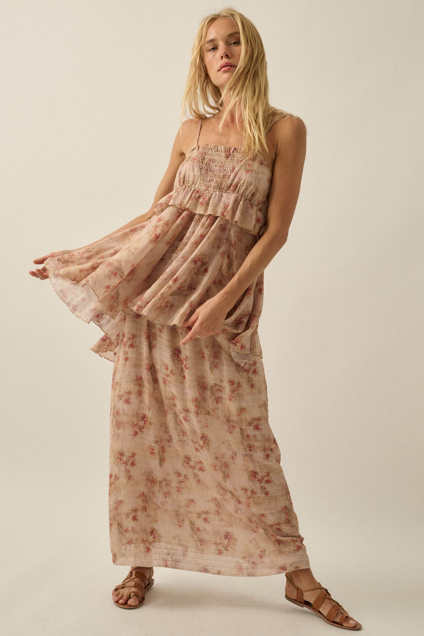 Full Bloom Striped Floral Chiffon Babydoll Cami Top - ShopPromesa