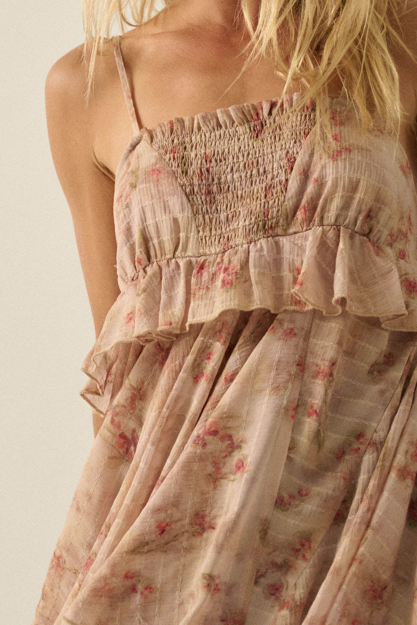 Full Bloom Striped Floral Chiffon Babydoll Cami Top - ShopPromesa
