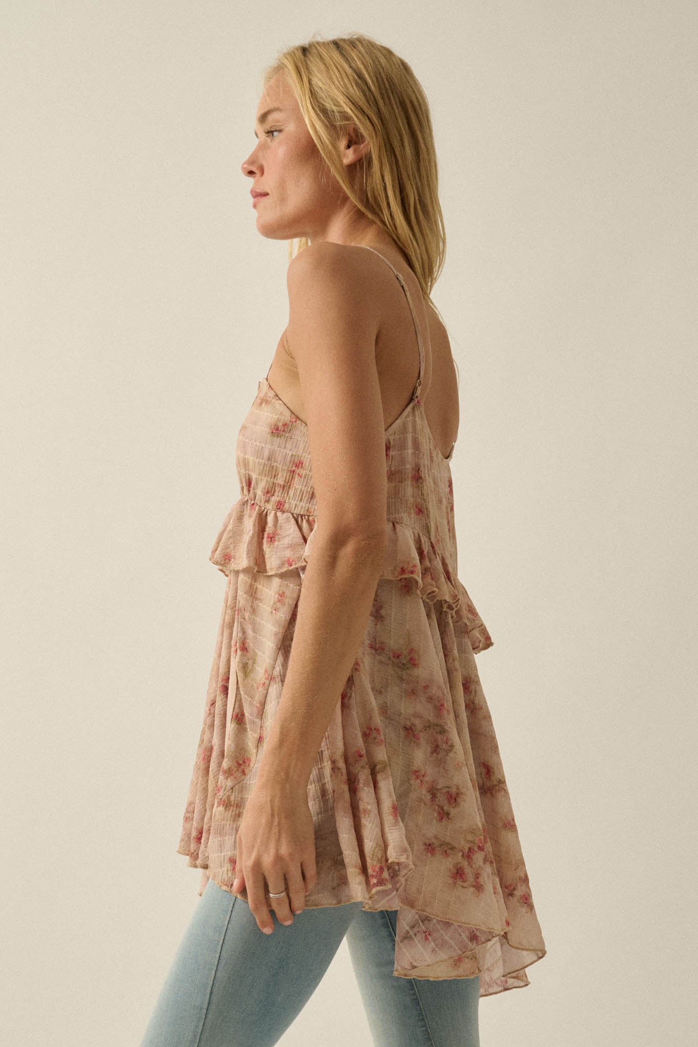 Full Bloom Striped Floral Chiffon Babydoll Cami Top - ShopPromesa