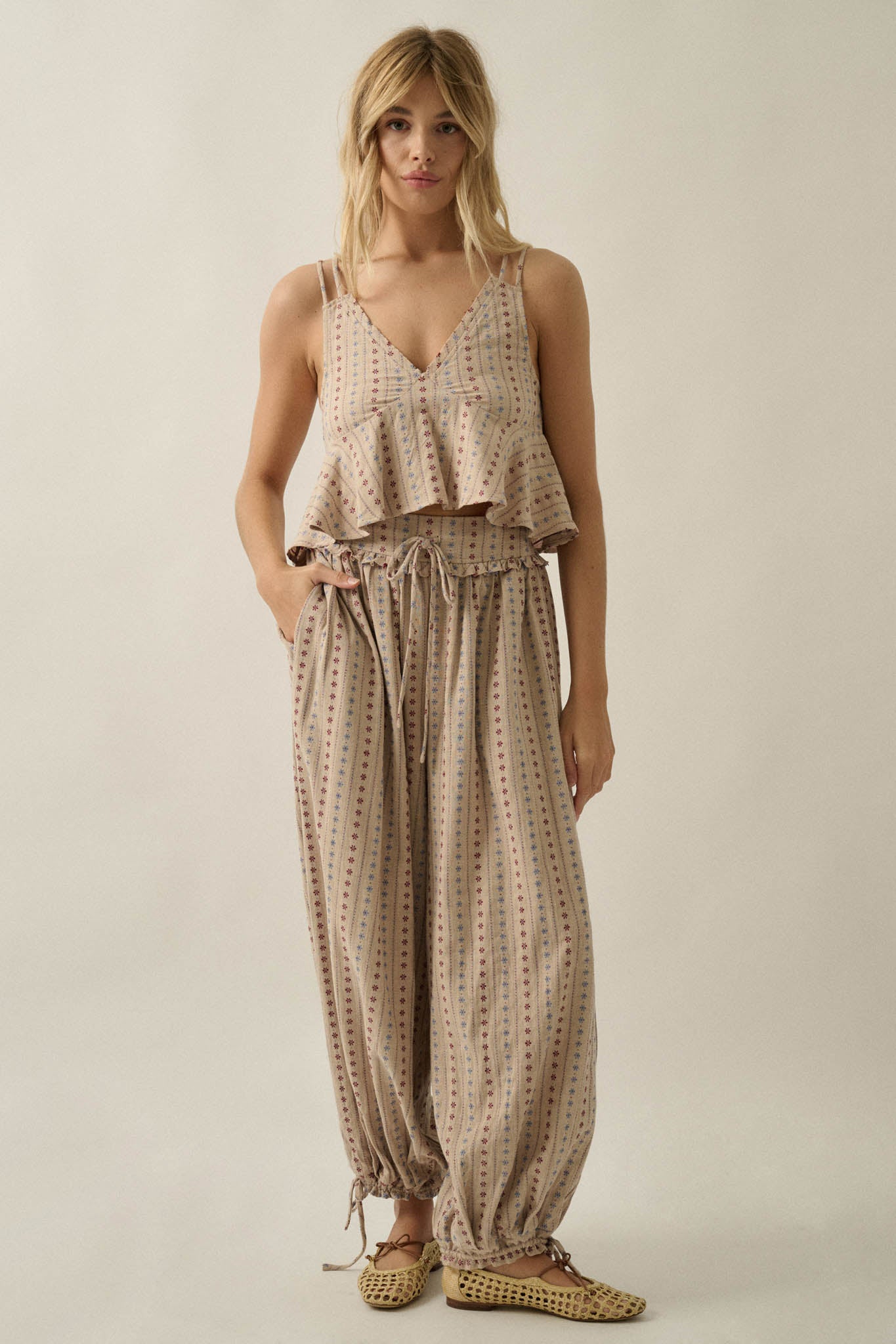 Market Day Floral-Stripe Cotton Babydoll Cami Top - ShopPromesa