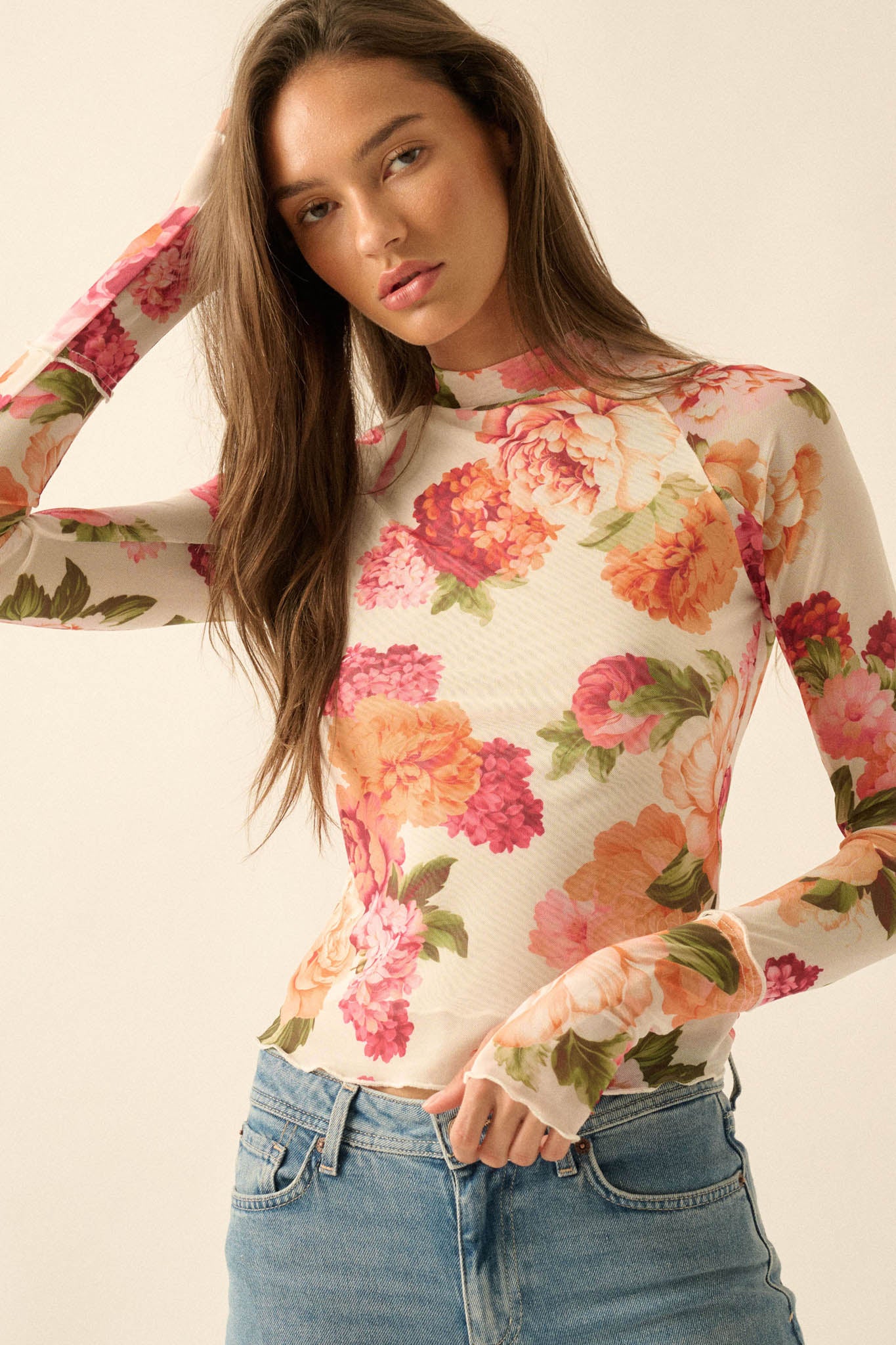 Garden Breeze Floral Mesh Mock-Neck Thumbhole Top - ShopPromesa