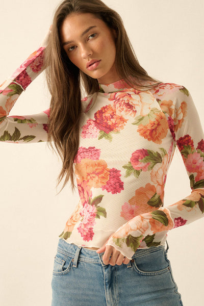 Garden Breeze Floral Mesh Mock-Neck Thumbhole Top | ShopPromesa
