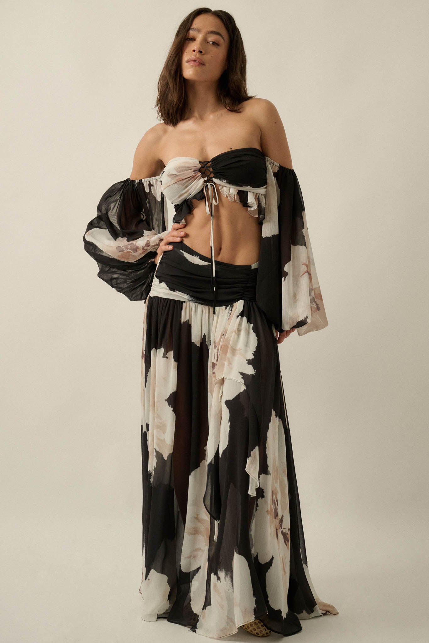 Peony Dream Floral Chiffon Long-Sleeve Bandeau Top - ShopPromesa