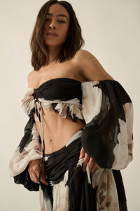 Peony Dream Floral Chiffon Long-Sleeve Bandeau Top - ShopPromesa