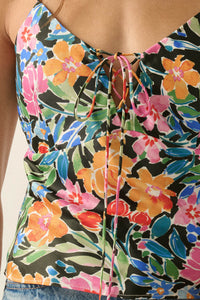 Vivid Blossoms Floral Satin Lace-Up Cami Top - ShopPromesa