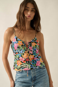 Vivid Blossoms Floral Satin Lace-Up Cami Top - ShopPromesa