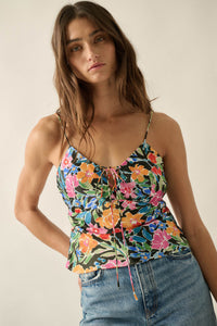 Vivid Blossoms Floral Satin Lace-Up Cami Top - ShopPromesa