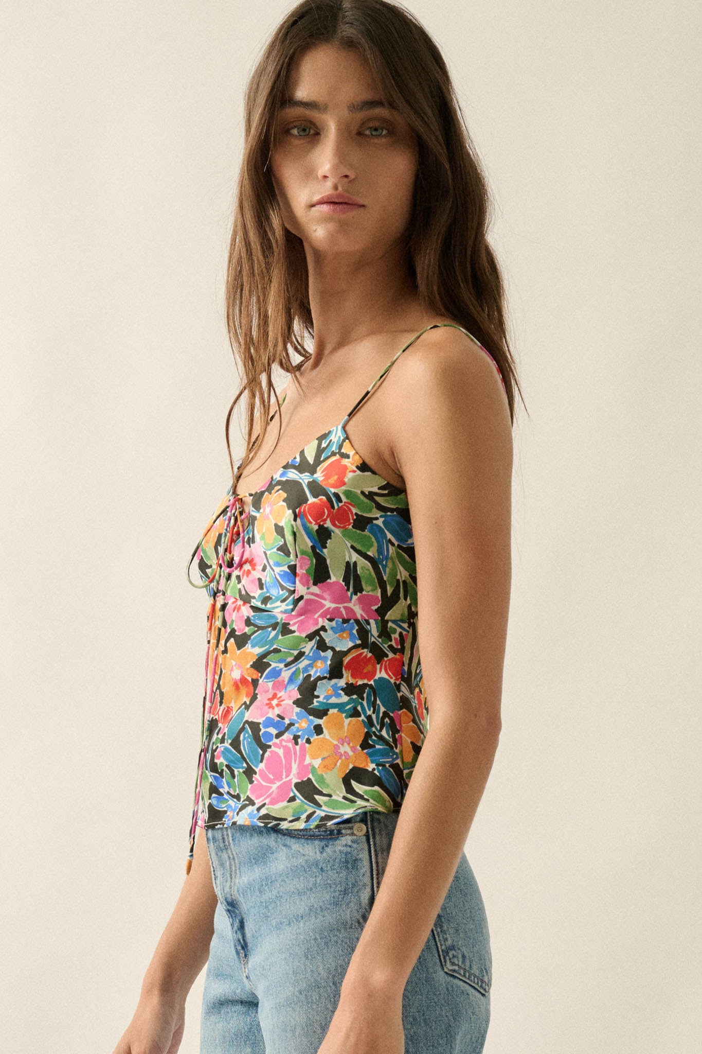 Vivid Blossoms Floral Satin Lace-Up Cami Top - ShopPromesa