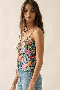 Vivid Blossoms Floral Satin Lace-Up Cami Top - ShopPromesa