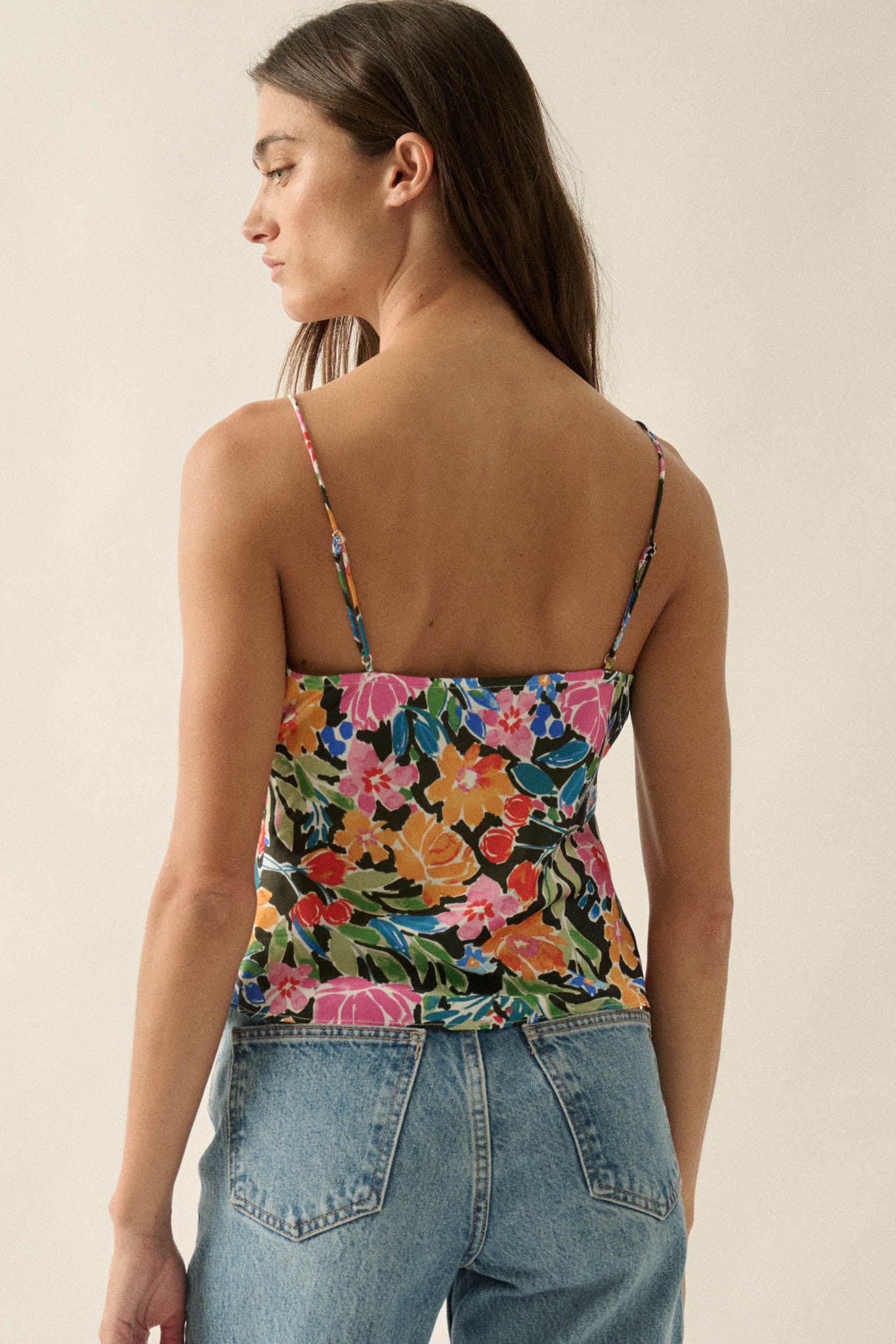 Vivid Blossoms Floral Satin Lace-Up Cami Top - ShopPromesa